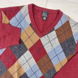 Jos. A. Bank Argyle Sweater Mens XL Burgundy Lambswool Blend V-Neck Executive